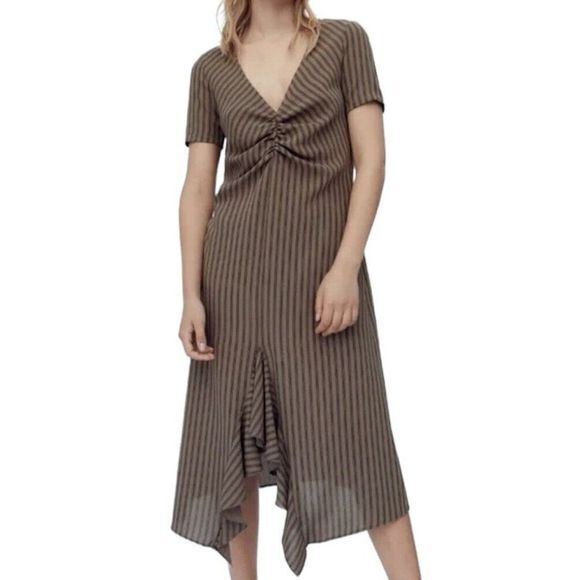 Zara Ruffled‎ Ruched Dress Short Sleeve Midi Brown Stripe Size S V Neck - Picture 1 of 7